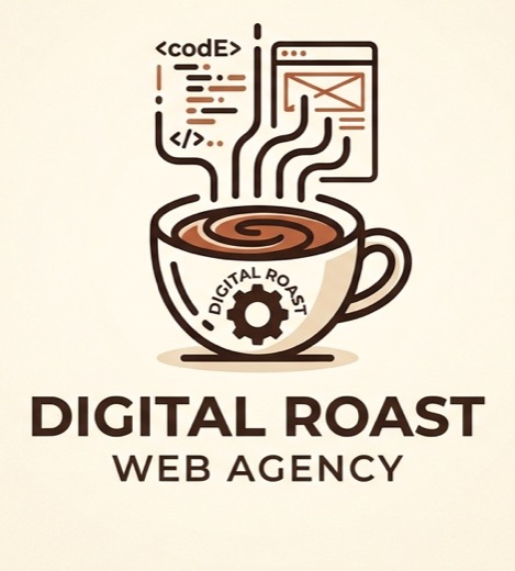 Λογότυπο Digital Roast Web Agency: φλιτζάνι καφέ με ατμό που γίνεται κώδικας